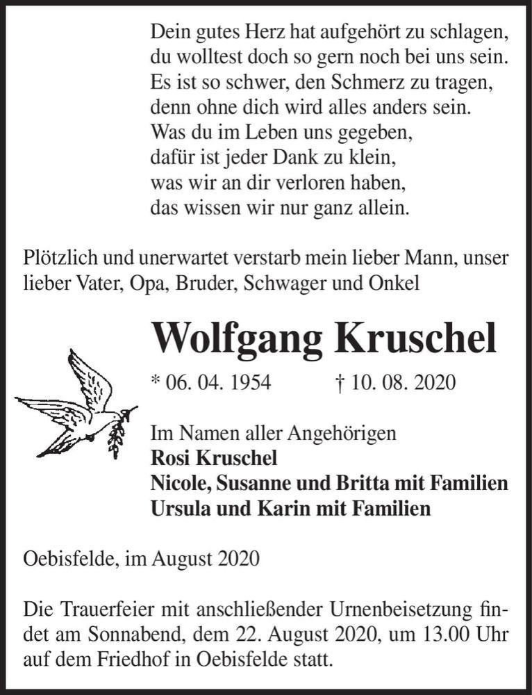  Traueranzeige für Wolfgang Kruschel  vom 15.08.2020 aus Magdeburger Volksstimme