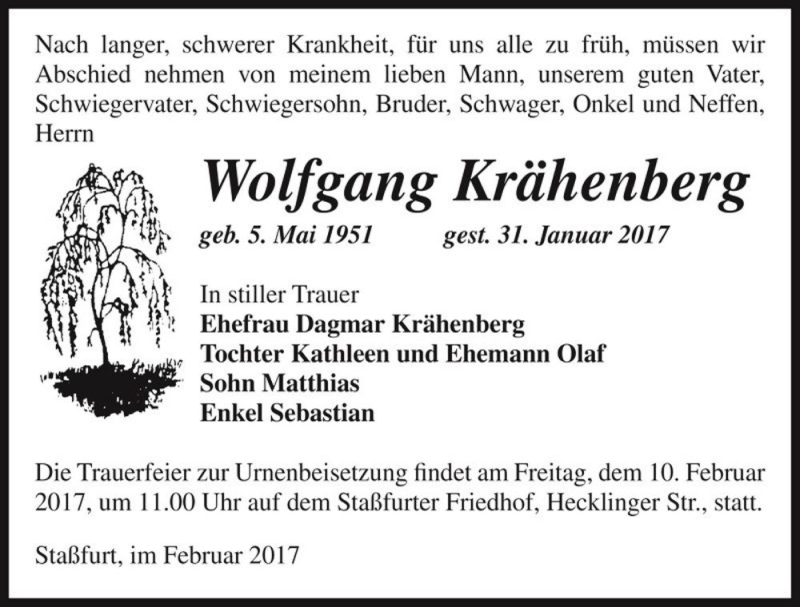  Traueranzeige für Wolfgang Krähenberg  vom 04.02.2017 aus Magdeburger Volksstimme