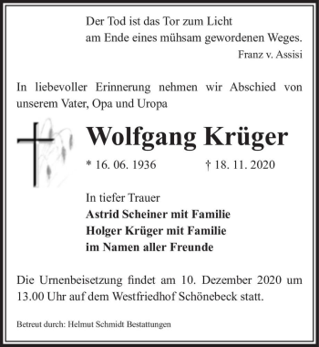 Traueranzeige von Wolfgang Krüger  von Magdeburger Volksstimme