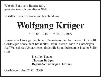 Traueranzeige von Wolfgang Krüger  von Magdeburger Volksstimme