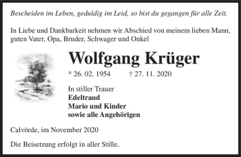 Traueranzeige von Wolfgang Krüger  von Magdeburger Volksstimme