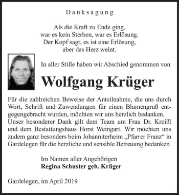 Traueranzeige von Wolfgang Krüger  von Magdeburger Volksstimme