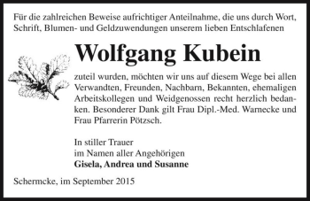 Traueranzeige von Wolfgang Kubein  von Magdeburger Volksstimme