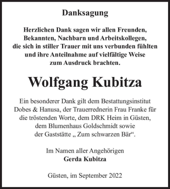Traueranzeige von Wolfgang Kubitza  von Magdeburger Volksstimme