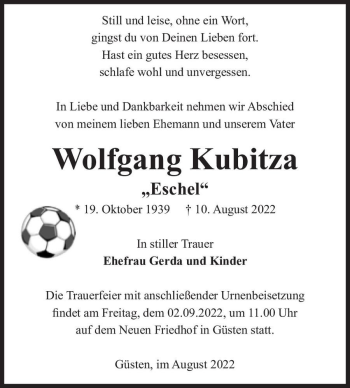Traueranzeige von Wolfgang Kubitza “Eschel“  von Magdeburger Volksstimme