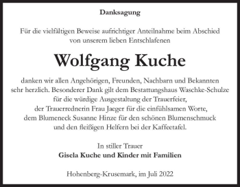 Traueranzeige von Wolfgang Kuche  von Magdeburger Volksstimme