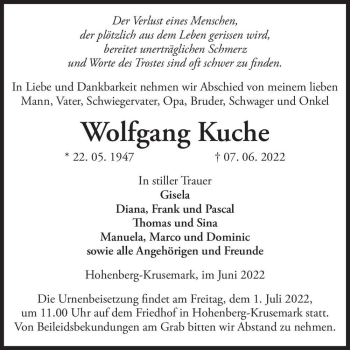 Traueranzeige von Wolfgang Kuche  von Magdeburger Volksstimme