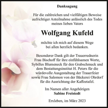 Traueranzeige von Wolfgang Kufeld  von Magdeburger Volksstimme