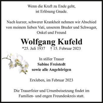 Traueranzeige von Wolfgang Kufeld  von Magdeburger Volksstimme