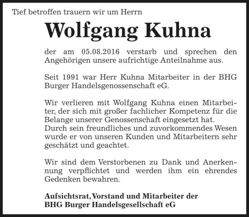  Traueranzeige für Wolfgang Kuhna  vom 20.08.2016 aus Magdeburger Volksstimme