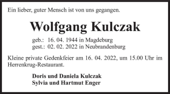 Traueranzeige von Wolfgang Kulczak  von Magdeburger Volksstimme