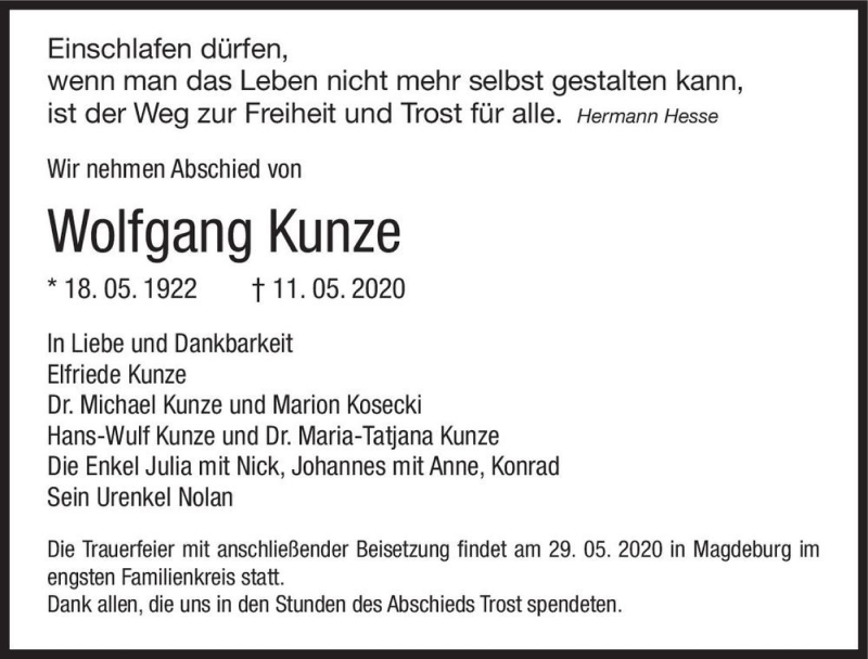  Traueranzeige für Wolfgang Kunze  vom 26.05.2020 aus Magdeburger Volksstimme