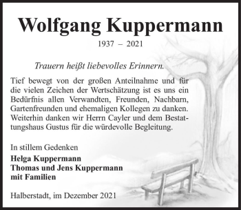 Traueranzeige von Wolfgang Kuppermann  von Magdeburger Volksstimme