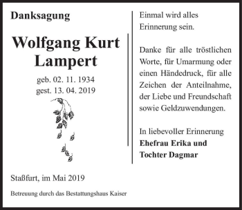 Traueranzeige von Wolfgang Kurt Lampert  von Magdeburger Volksstimme