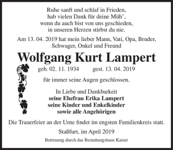 Traueranzeige von Wolfgang Kurt Lampert  von Magdeburger Volksstimme