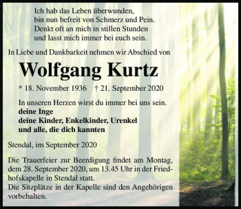 Traueranzeige von Wolfgang Kurtz  von Magdeburger Volksstimme