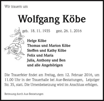 Traueranzeige von Wolfgang Köbe  von Magdeburger Volksstimme
