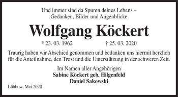 Traueranzeige von Wolfgang Köckert  von Magdeburger Volksstimme
