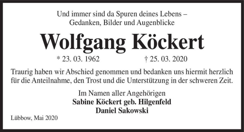  Traueranzeige für Wolfgang Köckert  vom 23.05.2020 aus Magdeburger Volksstimme