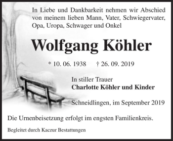 Traueranzeige von Wolfgang Köhler  von Magdeburger Volksstimme
