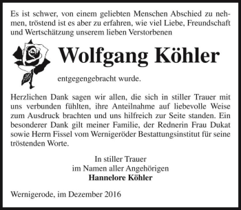 Traueranzeige von Wolfgang Köhler  von Magdeburger Volksstimme