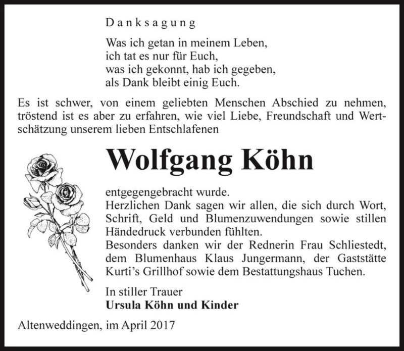  Traueranzeige für Wolfgang Köhn  vom 01.04.2017 aus Magdeburger Volksstimme