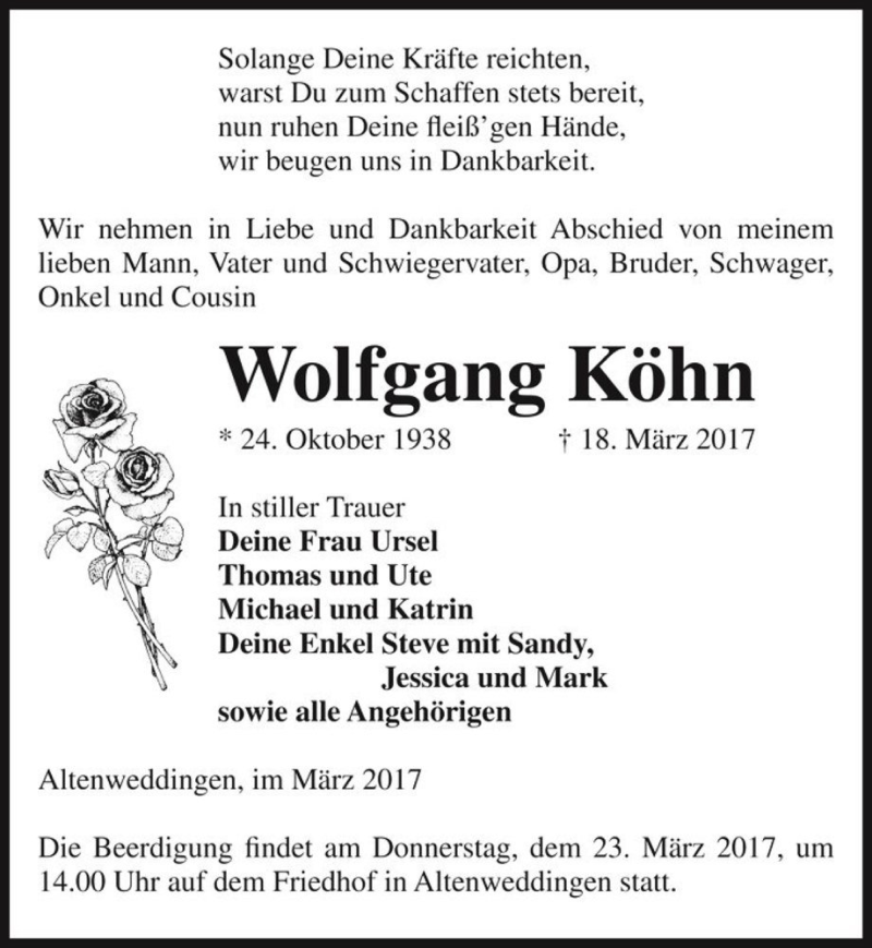  Traueranzeige für Wolfgang Köhn  vom 22.03.2017 aus Magdeburger Volksstimme