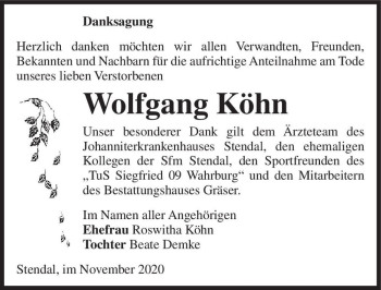 Traueranzeige von Wolfgang Köhn  von Magdeburger Volksstimme