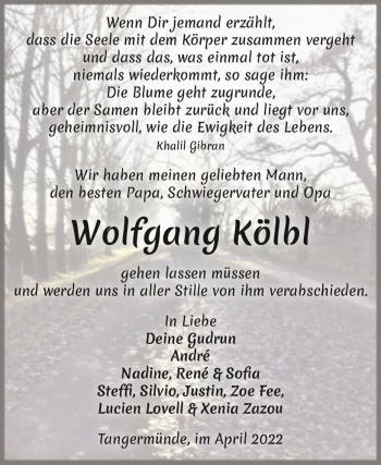 Traueranzeige von Wolfgang Kölbl  von Magdeburger Volksstimme