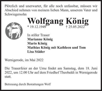 Traueranzeige von Wolfgang König  von Magdeburger Volksstimme