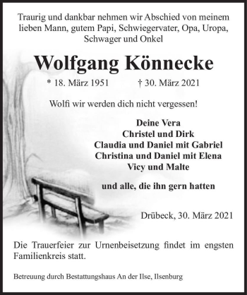 Traueranzeige von Wolfgang Könnecke  von Magdeburger Volksstimme