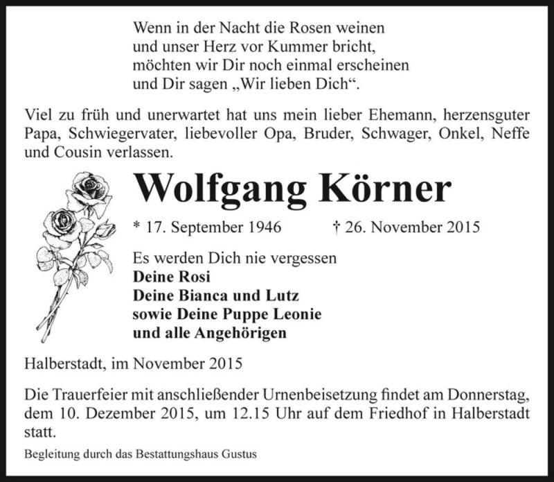  Traueranzeige für Wolfgang Körner  vom 01.12.2015 aus Magdeburger Volksstimme
