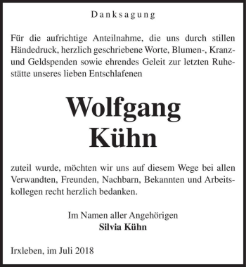 Traueranzeige von Wolfgang Kühn  von Magdeburger Volksstimme