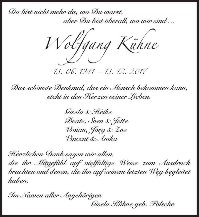 Traueranzeigen von Wolfgang Kühne www.abschiednehmen.de