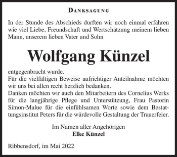 Traueranzeige von Wolfgang Künzel  von Magdeburger Volksstimme