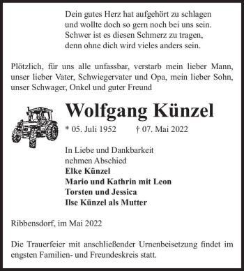 Traueranzeige von Wolfgang Künzel  von Magdeburger Volksstimme
