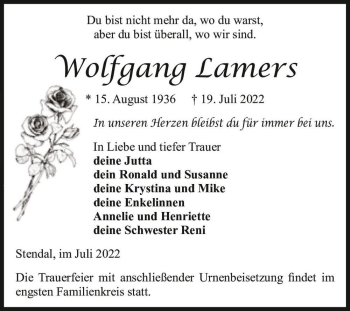 Traueranzeige von Wolfgang Lamers  von Magdeburger Volksstimme