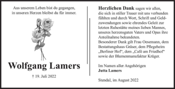Traueranzeige von Wolfgang Lamers  von Magdeburger Volksstimme