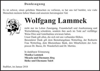 Traueranzeige von Wolfgang Lammek  von Magdeburger Volksstimme