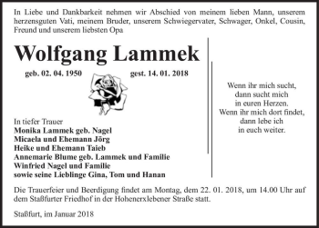 Traueranzeige von Wolfgang Lammek  von Magdeburger Volksstimme