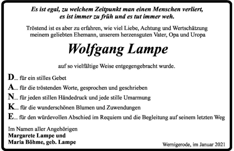  Traueranzeige für Wolfgang Lampe  vom 09.01.2021 aus Magdeburger Volksstimme