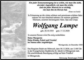 Traueranzeige von Wolfgang Lampe  von Magdeburger Volksstimme