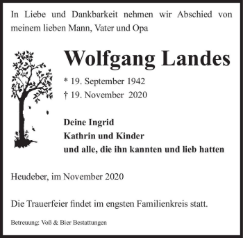 Traueranzeige von Wolfgang Landes  von Magdeburger Volksstimme