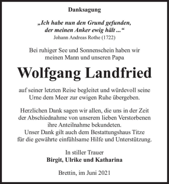 Traueranzeige von Wolfgang Landfried  von Magdeburger Volksstimme