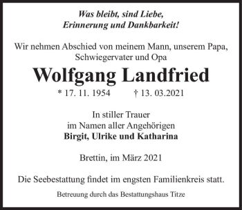 Traueranzeige von Wolfgang Landfried  von Magdeburger Volksstimme