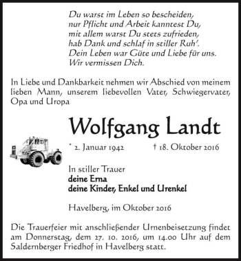 Traueranzeige von Wolfgang Landt  von Magdeburger Volksstimme