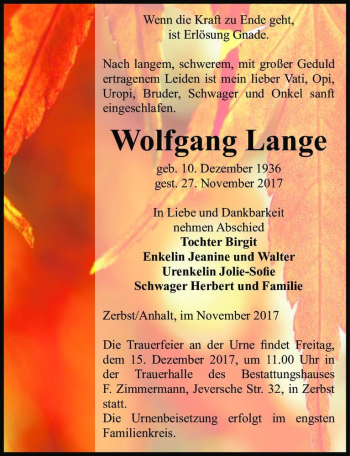 Traueranzeige von Wolfgang Lange  von Magdeburger Volksstimme