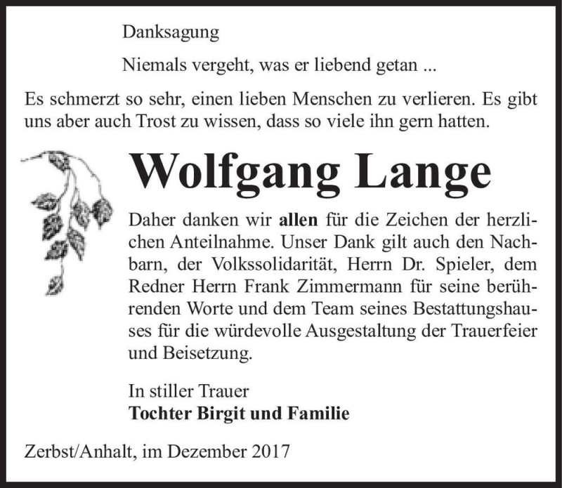  Traueranzeige für Wolfgang Lange  vom 23.12.2017 aus Magdeburger Volksstimme