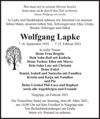 Traueranzeige von Wolfgang Lapke  von Magdeburger Volksstimme