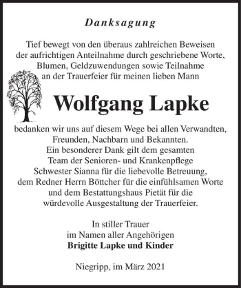 Traueranzeige von Wolfgang Lapke  von Magdeburger Volksstimme